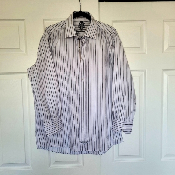 English Laundry Men's Dress Shirt, White & Black/Gray Stripes, 100% Cotton. - Picture 2 of 12